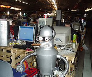 Bender, the irascible droid from Futurama, seen here after 'killing all the humans'.