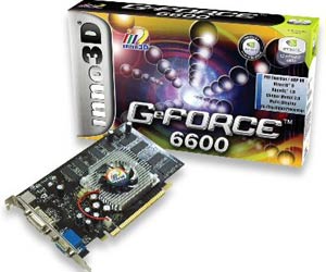 GeForce 6600 LE - four pipelines, and SLI ready.  There's no need for an SLI bridge between the two cards, though.