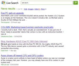 The Live Search News service is pretty sparse, although it's apparently more exciting from American networks.