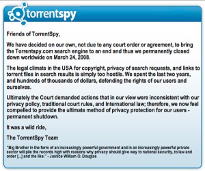 Visitors to the TorrentSpy site are greeted by a message explaining the closure for 'privacy protection.'
