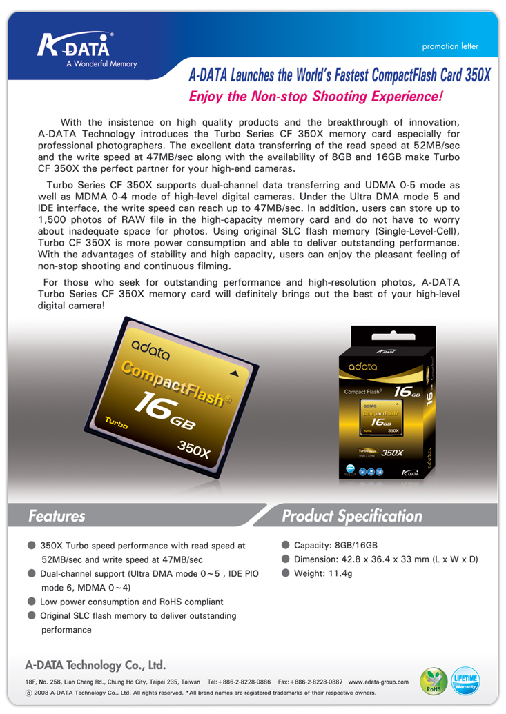 A-DATA Launches the World’s Fastest CompactFlash Card 350X 