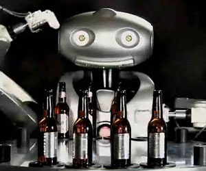 The robotic Mr Asahi can open bottled beers and draw pints with ease, answering questions as he goes.