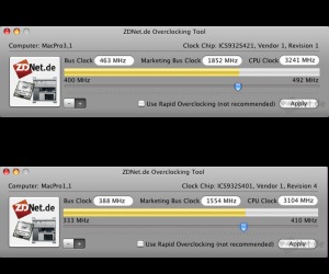 These images, provided by ZDNet.de, show the tool overclocking both old 2.66GHz and new 2.8GHz Mac Pros.