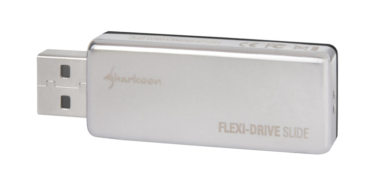 Sharkoon Flexi-Drive Slide comes in an elegant metal housing with a slide-out USB connector