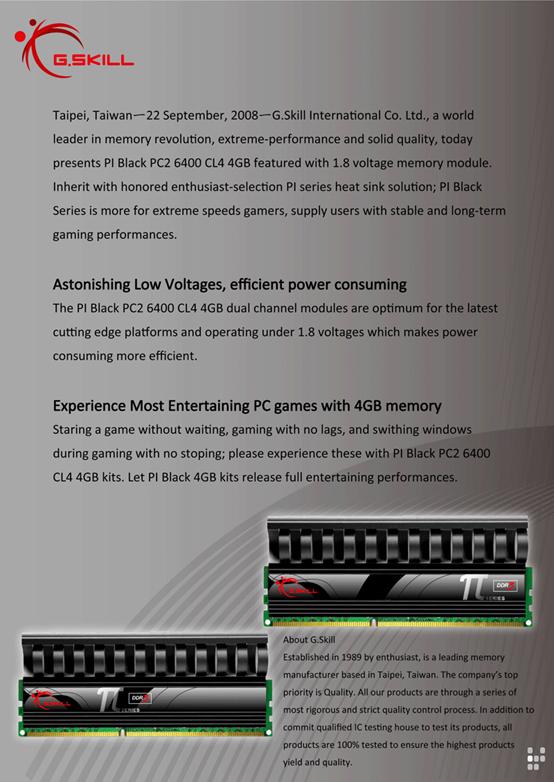 G.Skill Announces the Regeneration PI Seriers of PC2 6400 CL4 PI Black Series featured with 1.8 volt