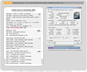 The verified CPU-Z information provided by duck proves a 72 percent overclock to 5.5GHz for the i7 Extreme 965.